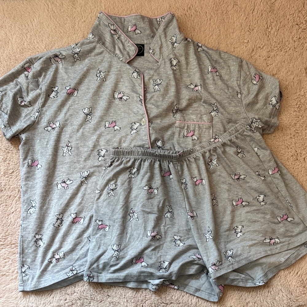 Gray and Pink Scotty Dog Print Pajama Set